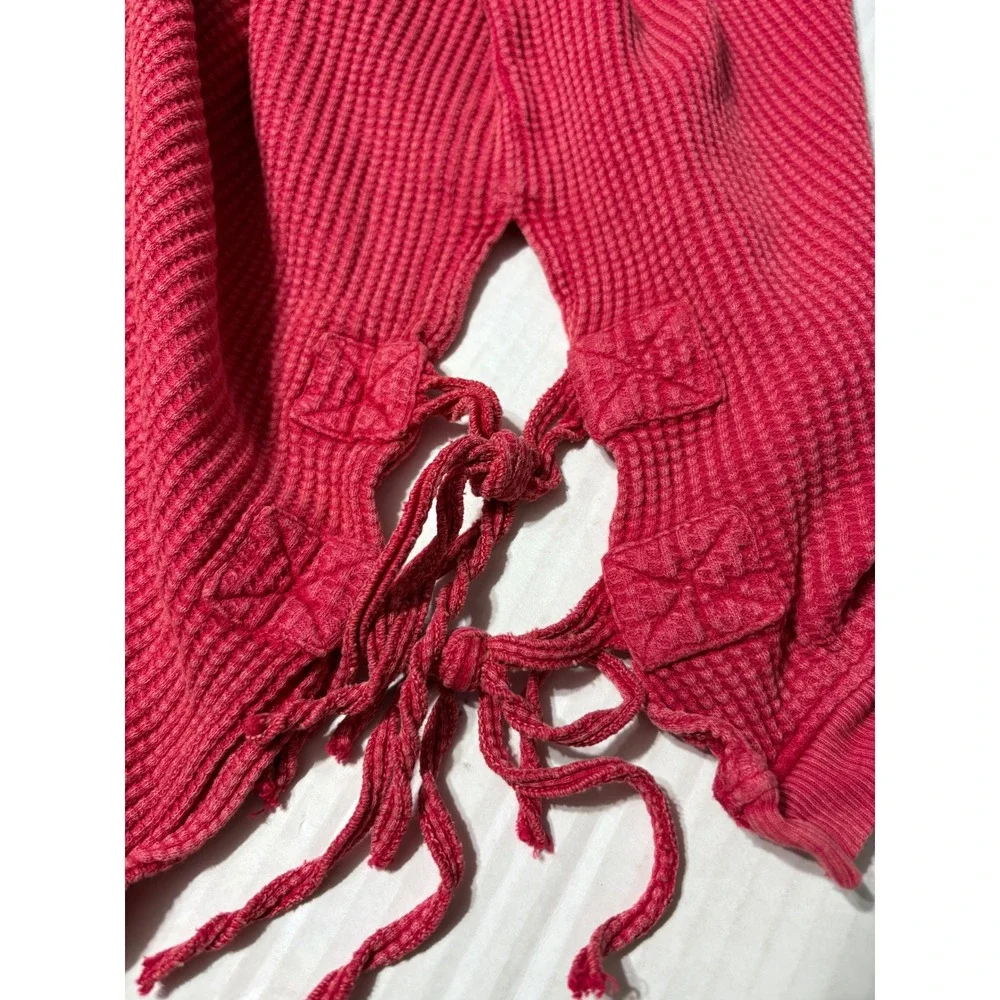 Free People FP One Interlaken Thermal Top Red Waffle Knit Lace Up Side Tassel XS